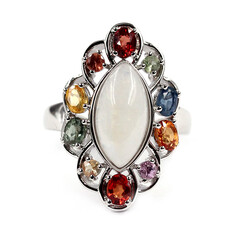 Bague en argent et Pierre de Lune arc-en-ciel