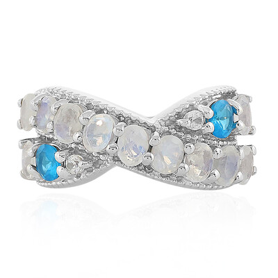 Bague en argent et Pierre de Lune arc-en-ciel