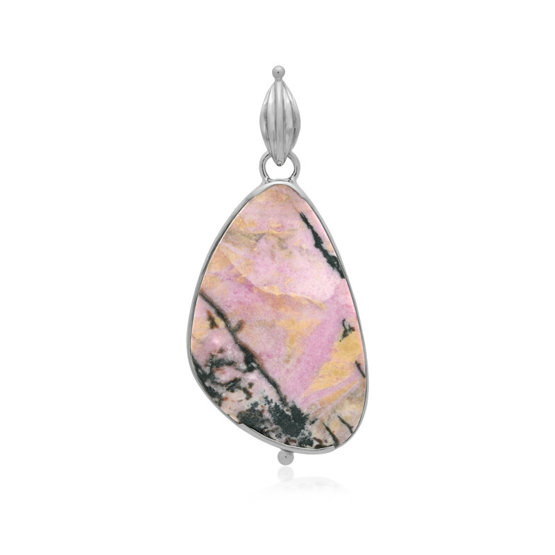Pendentif Rhodonite Rose Et Noir Monté Sur Argent 925 - Bijou Vintage En Forme De Poire, Comme Neuf