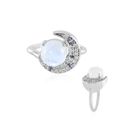 Bague en argent et Pierre de Lune arc-en-ciel