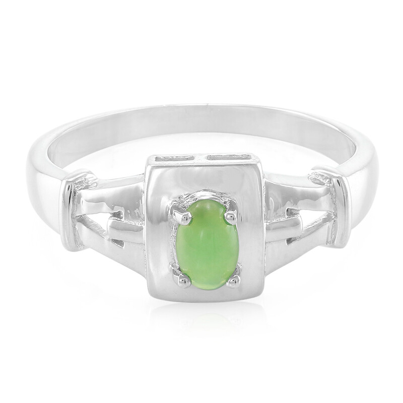 Bague Argent Massif Avec Chrysoprase - Taille 56, Style Navette, Pierre Agate Argentée, Occasion Portée