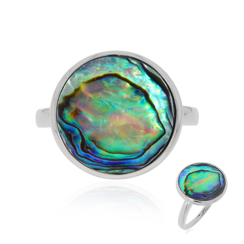 Bague Argent 925 Avec Pierre Lucite Irisée - Taille 53, Occasion En Bon état - Bijou Vintage Sans Marque
